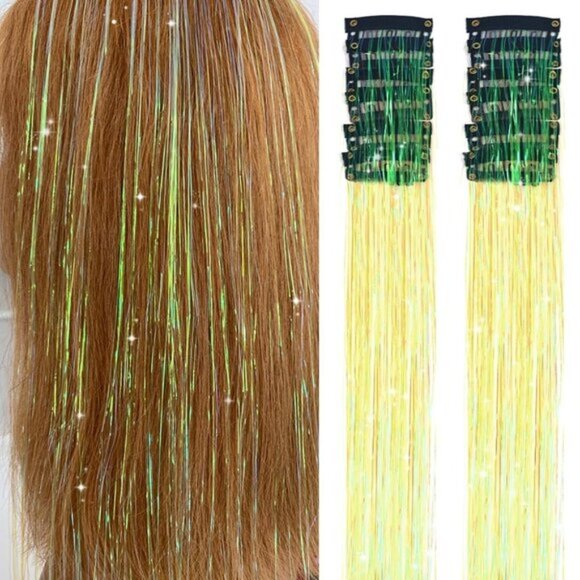 New Hair Tinsel 12Pcs 20" Yellow Glitter Clip-in Extensions for Party & Dazzle